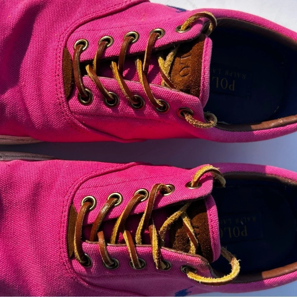 POLO Ralph Lauren Fuchsia and Navy Sneaker Leather Laces Size 9.5 - Picture 2 of 11
